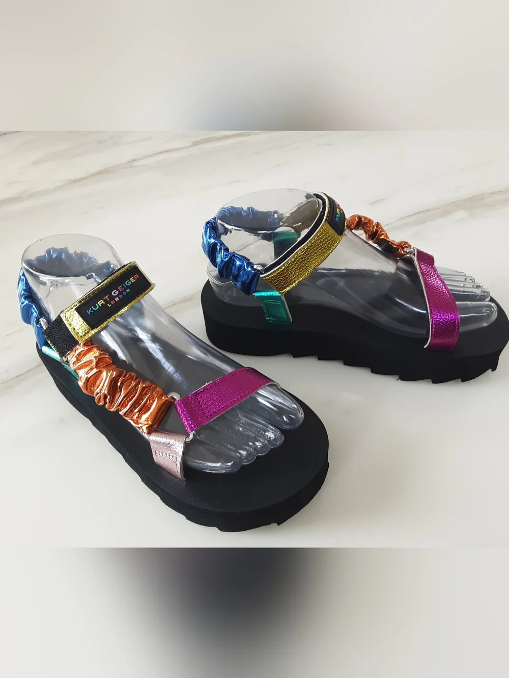 KURT GEIGER London Orion Rainbow Metallic Ruched Strap Platform Sandals Sz 6 - Picture 3 of 11